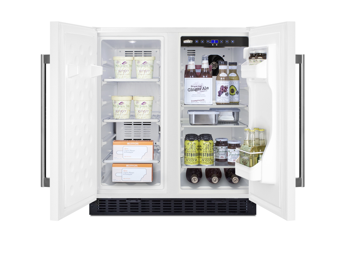 Frost-free side-by-side refrigerator-freezer for built-in or freestanding use in white finish with locks, stainless steel handles, door storage, and digital controls